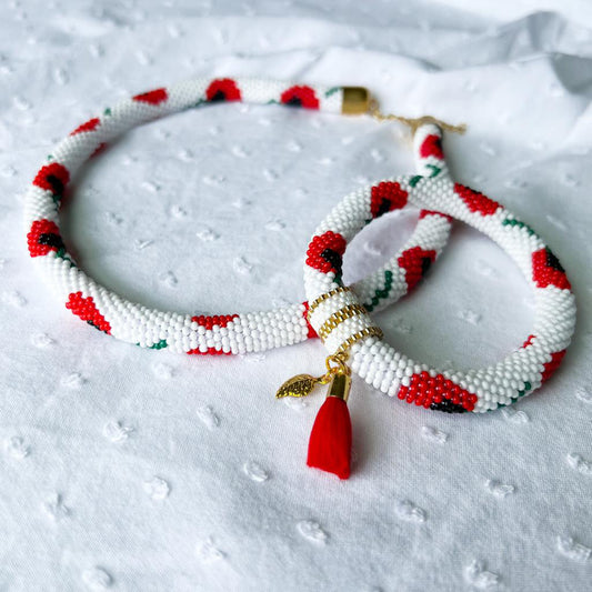 Poppy Flower Beaded Crochet Bracelet