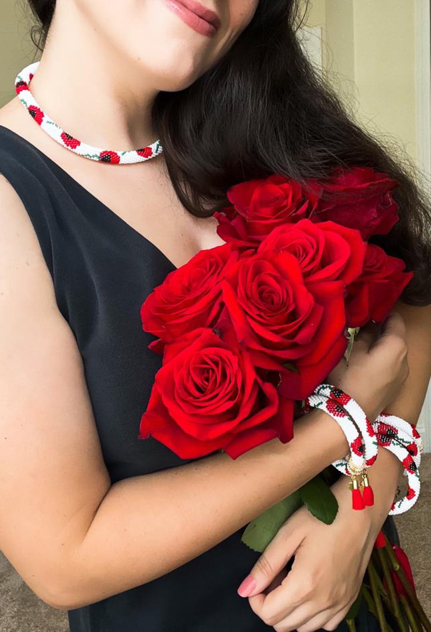 Poppy Flower Beaded Crochet Bracelet